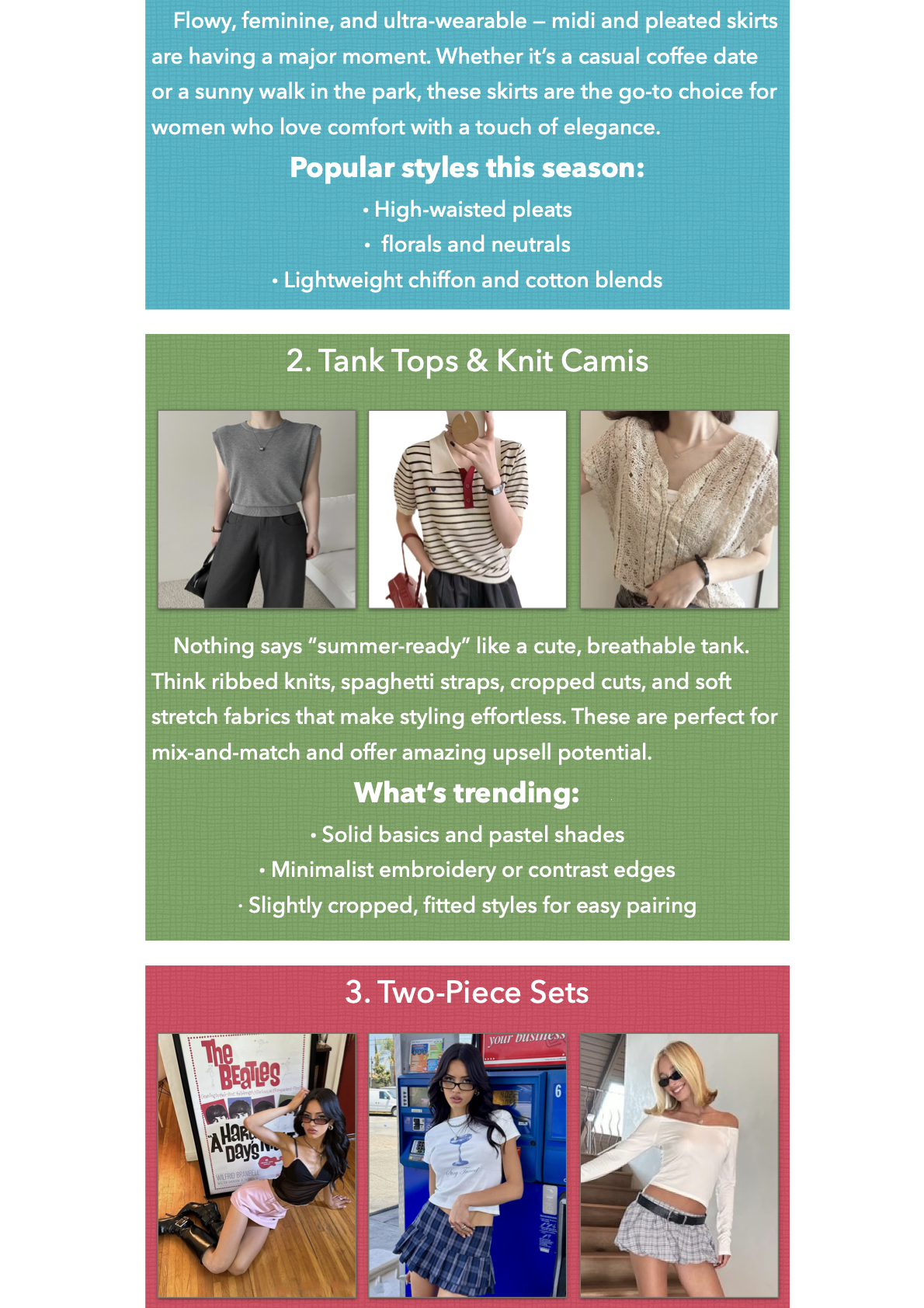 Hot-selling summer women’s clothing for eCommerce: pleated skirts, knit tanks, and co-ord sets