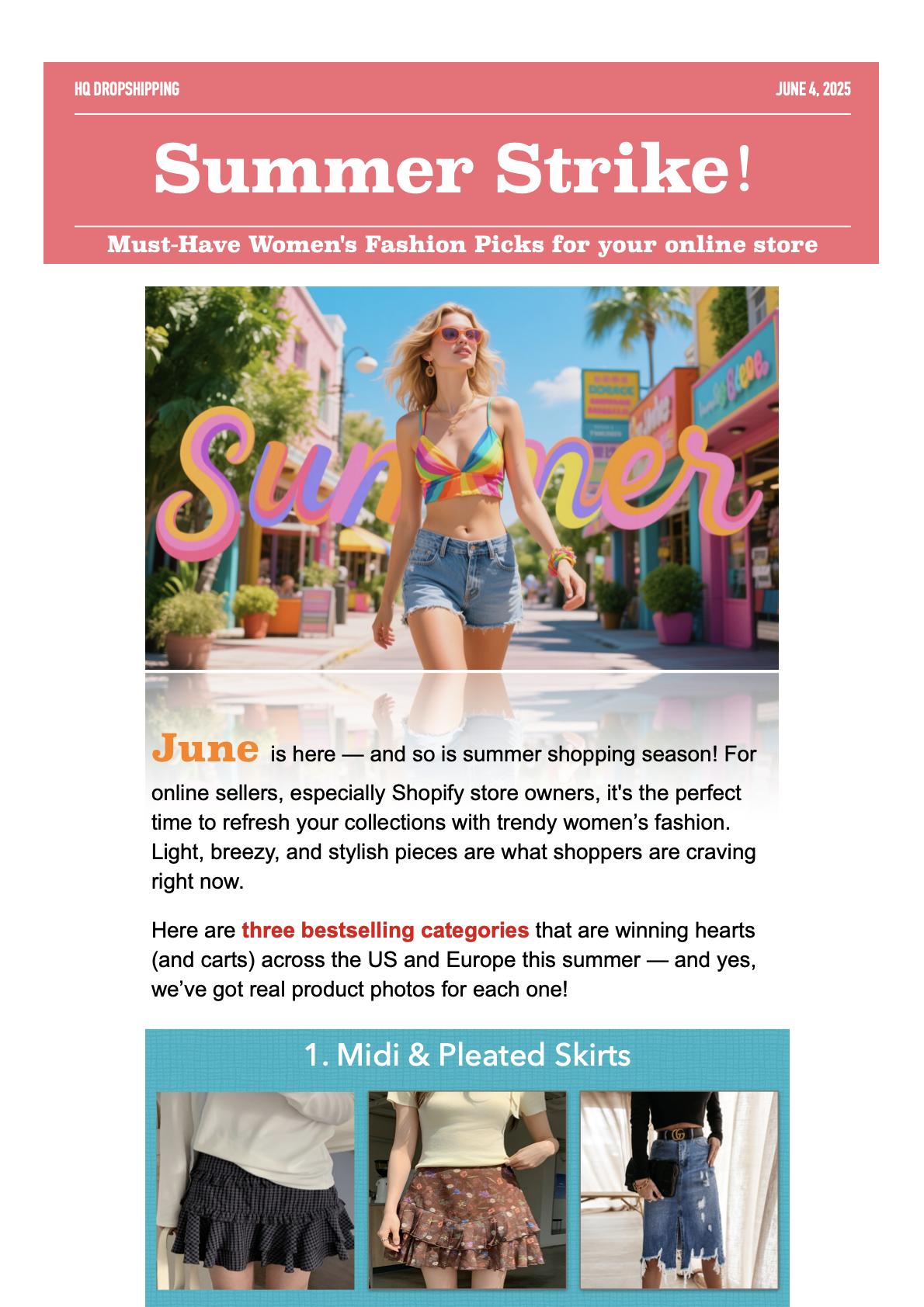 Summer 2025 women’s fashion trends for online sellers – midi skirts, tank tops, and matching sets