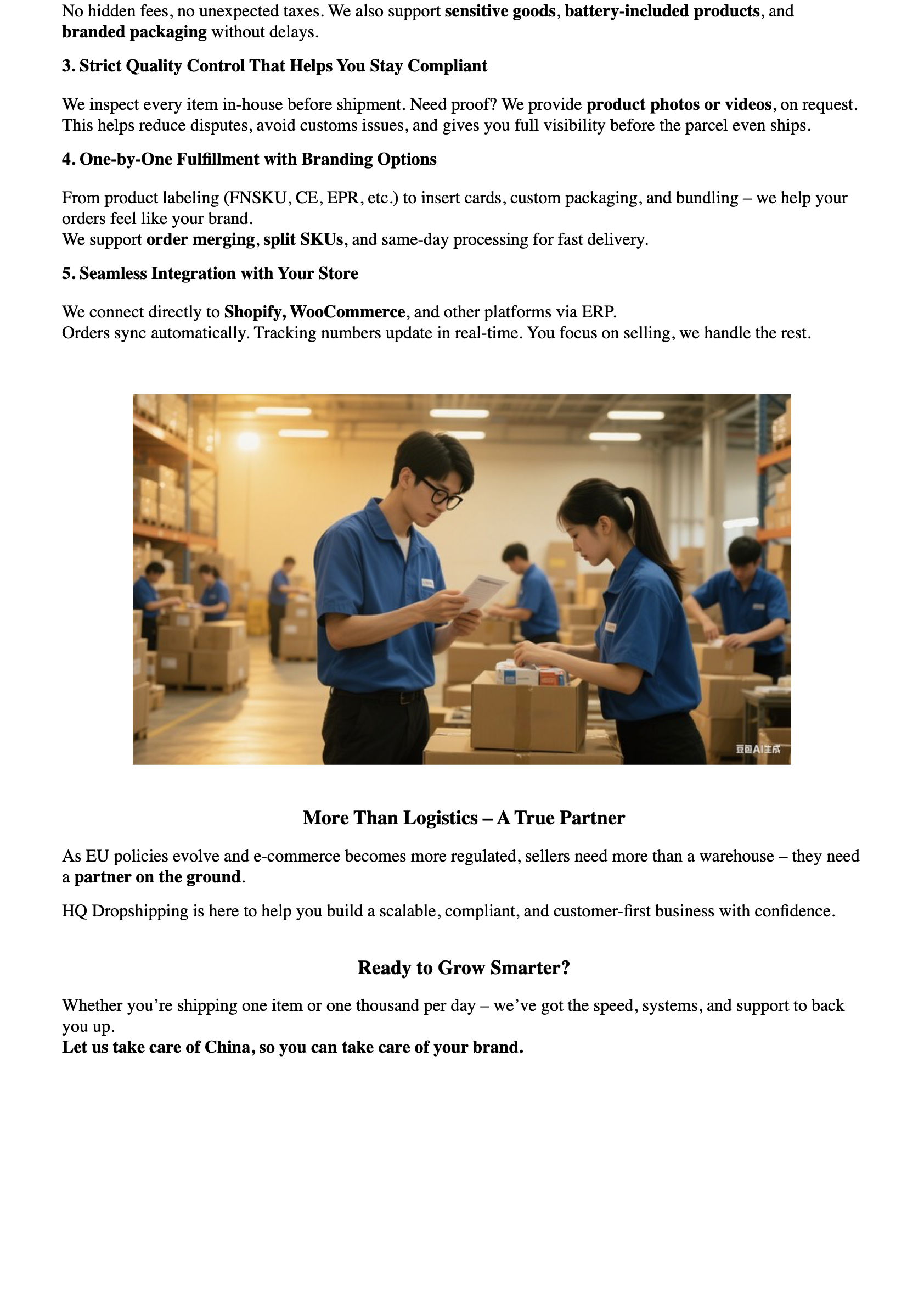 HQ Dropshipping warehouse in Dongguan supports DDP shipping, product labeling, and sensitive goods